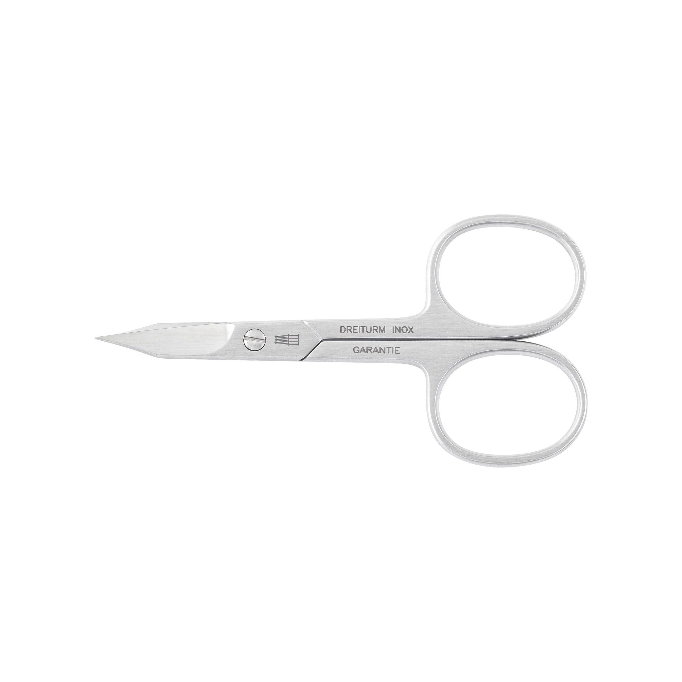 Kombinierte Schere aus Metall. Mit zwei Griffringen und spitz zulaufenden Schneiden. Beschriftung: DREITURM INOX GARANTIE.