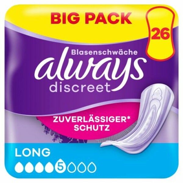 Packung Always Discreet Inkontinenzeinlagen. Gelb-lila Design. "BIG PACK 26". "ZUV. SCHUTZ". "LONG". 26 Einlagen.