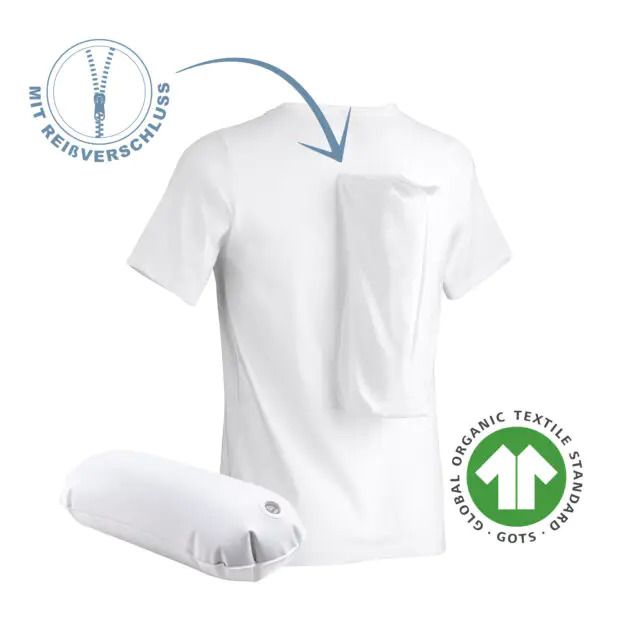 Weißes T-Shirt mit Reißverschluss und Luftkissen. GOTS-Zertifizierung. Luftkissen separat.