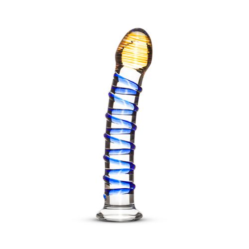 Glasdildo mit blau-spiralförmiger Verzierung. Der Kopf ist gelb-braun, der Sockel rund. Auf weißem Hintergrund.