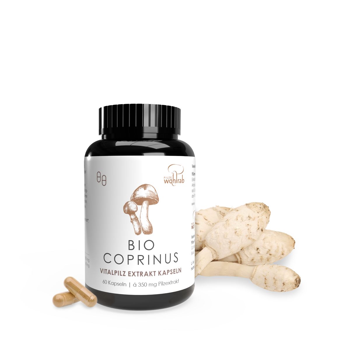 Schwarze Dose mit Vitalpilz Extrakt Kapseln (Bio Coprinus), 60 Kapseln, daneben einige Pilze.