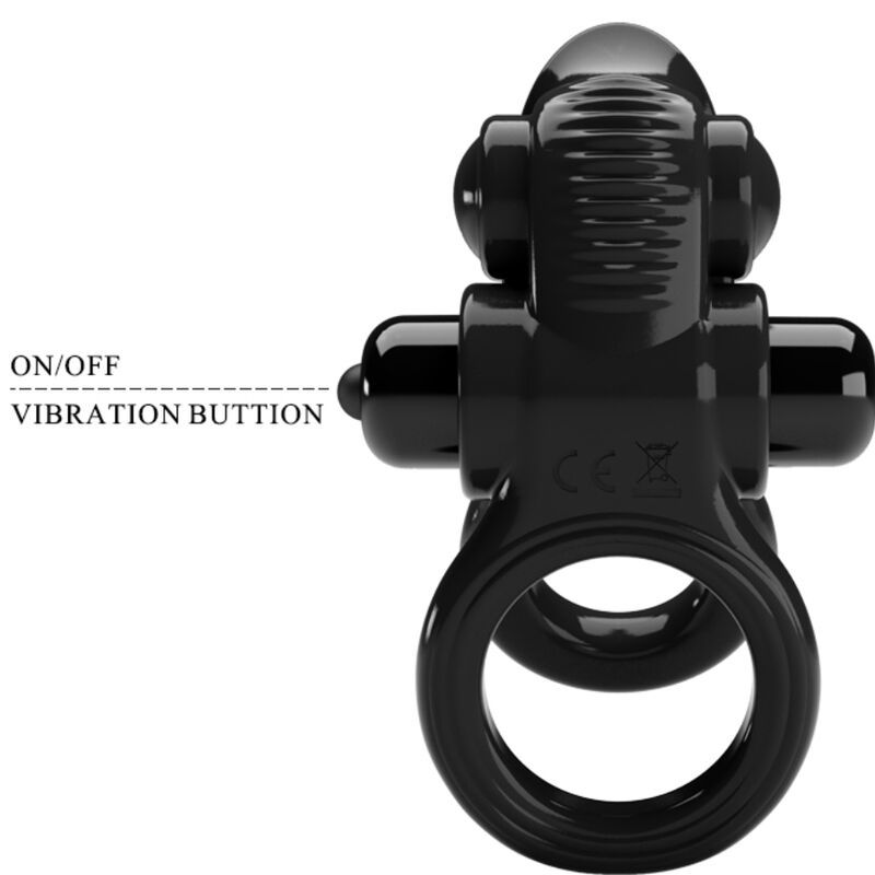 Schwarzer Penisring mit Vibrationsfunktion. Mit CE-Kennzeichnung. Beschriftung: ON/OFF, Vibration Button.