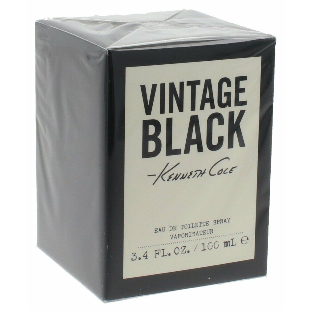 Schwarzer Karton mit weißem Etikett. Aufschrift: Vintage Black, Kenneth Cole. Eau de Toilette Spray. 3.4 FL. OZ. / 100 ml.