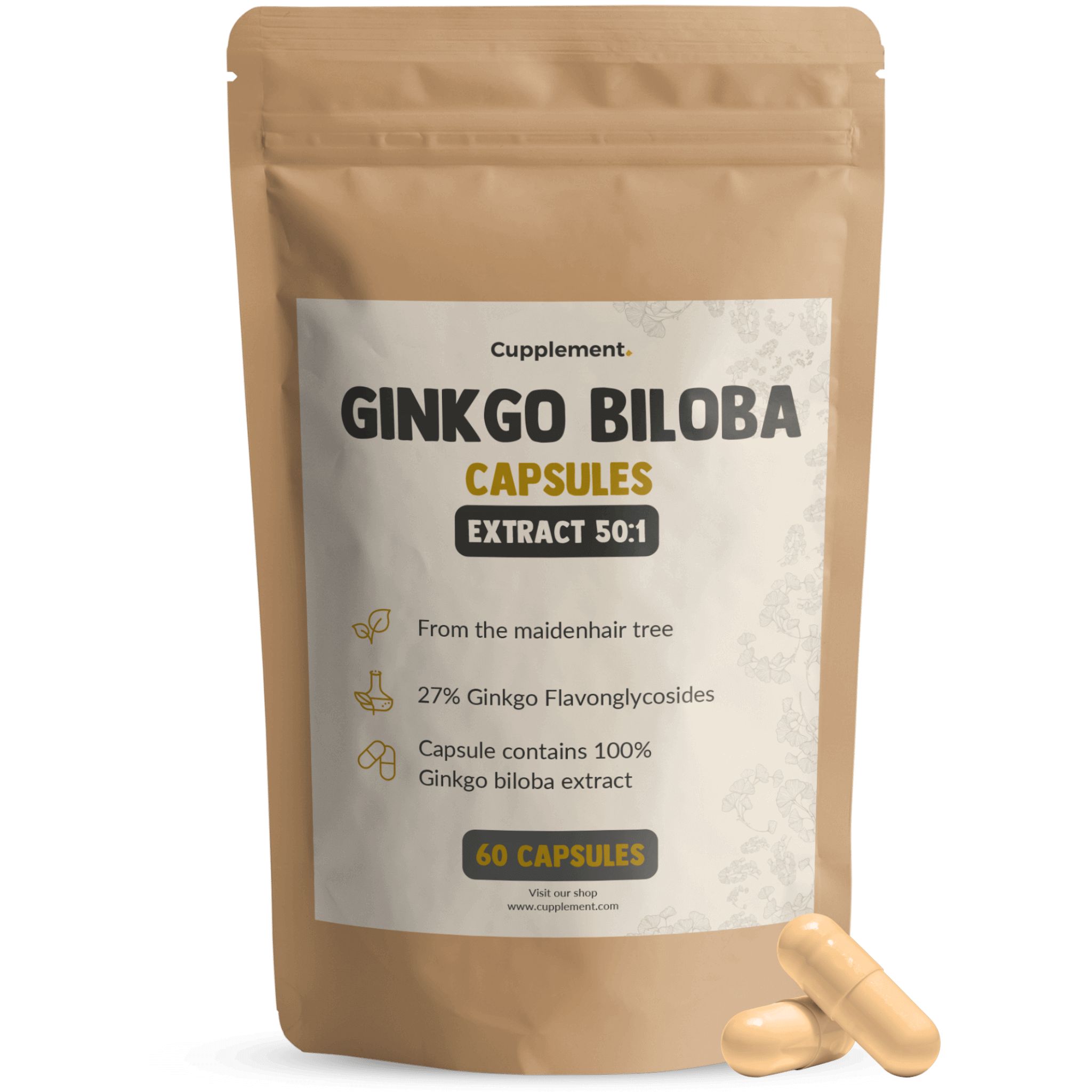 Beutel mit Ginkgo Biloba Kapseln. Aufschrift: Ginkgo Biloba Capsules, 60 Kapseln. Zwei Kapseln liegen daneben.