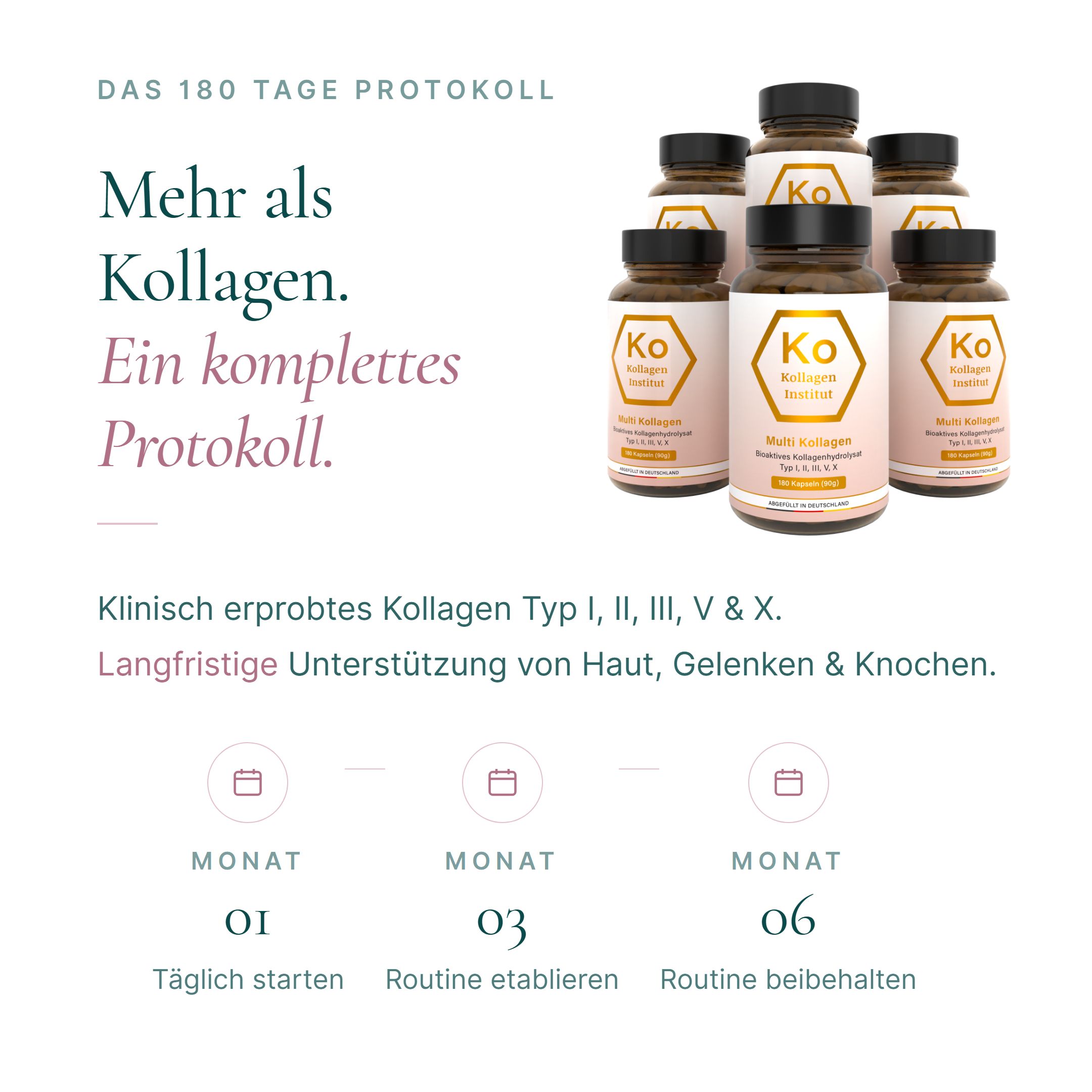 Fünf Flaschen Kollagen Kapseln, gruppiert, mit Etikett 'Kollagen Institut Multi Kollagen'.