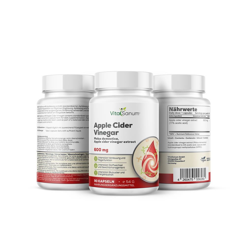 Drei VitaSanum®-Flaschen mit Apfelessig-Kapseln. Weiße Gefäße mit weißen Deckeln. Aufschrift: Apple Cider Vinegar, 600 mg, 90 Kapseln.