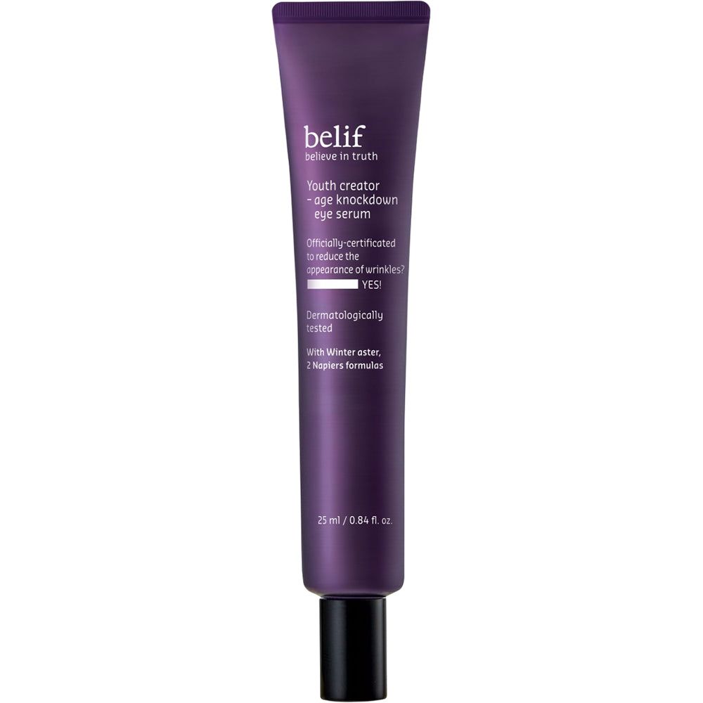 Belif Augencreme-Tube, lila, mit schwarzem Verschluss. Enthält Hyaluronat und Adenosin.