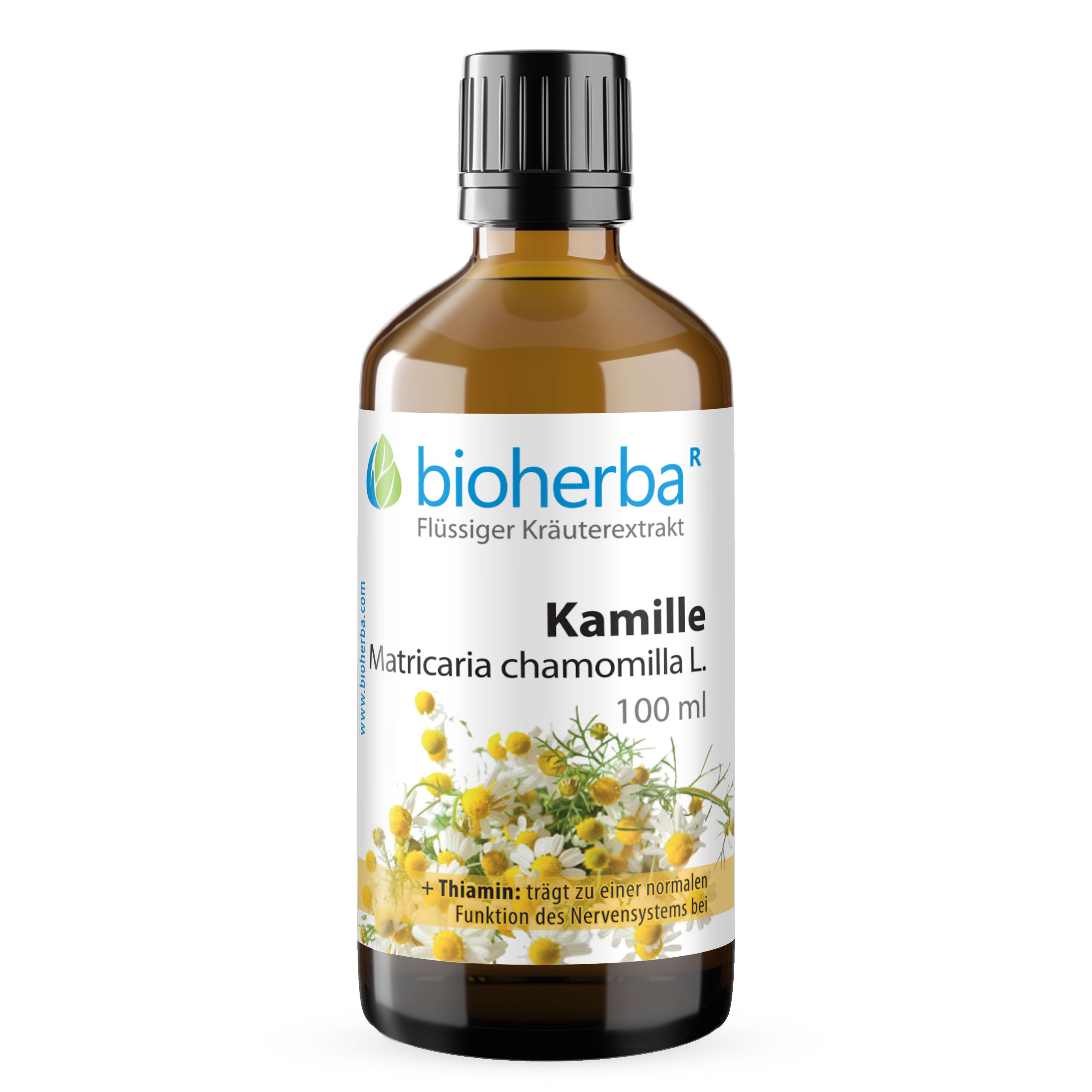 Braune Glasflasche mit schwarzem Deckel. Bioherba Kamille, Matricaria chamomilla L., 100 ml. Kräuterextrakt. Enthält Thiamin.