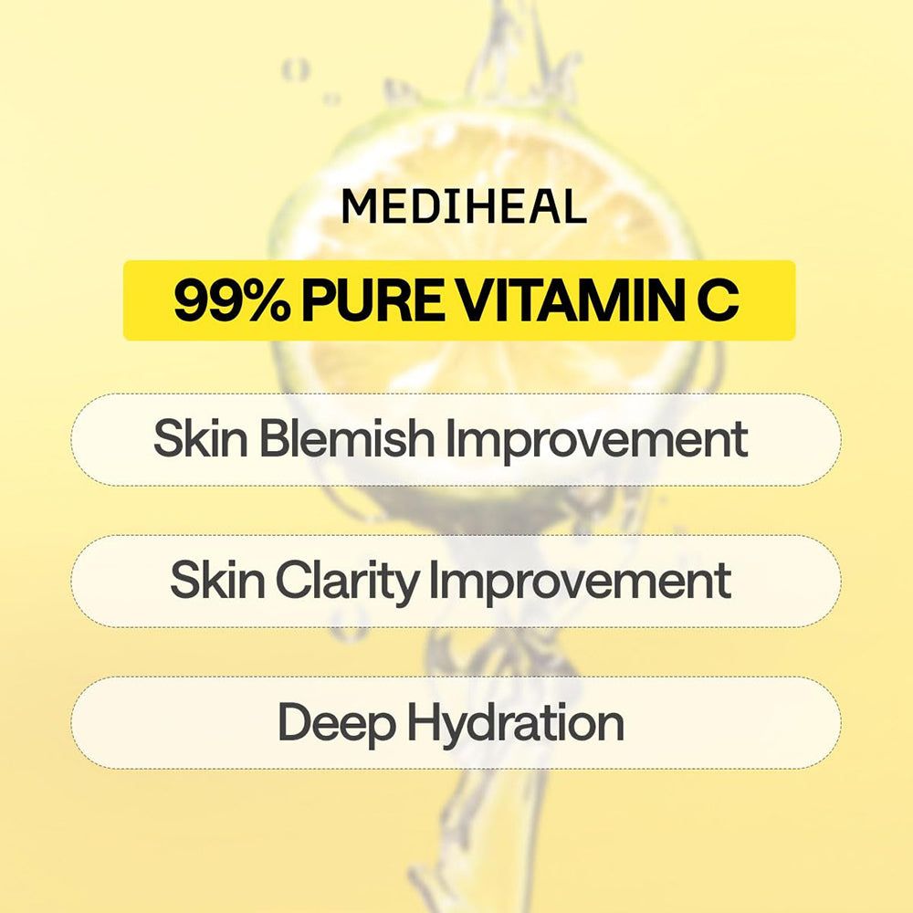 Nahaufnahme der MEDIHEAL Vitamin C Tuchmaske. Text mit Produktvorteilen: Hautunreinheiten, Klarheit, Hydratation.