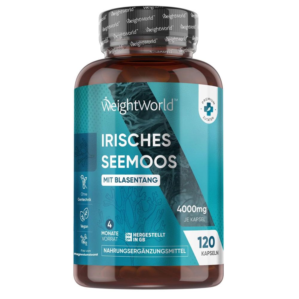 Braune Glasflasche mit Kapseln. Aufschrift: Irisches Seemoos, 120 Kapseln, 4000mg je Kapsel. WeightWorld Logo.