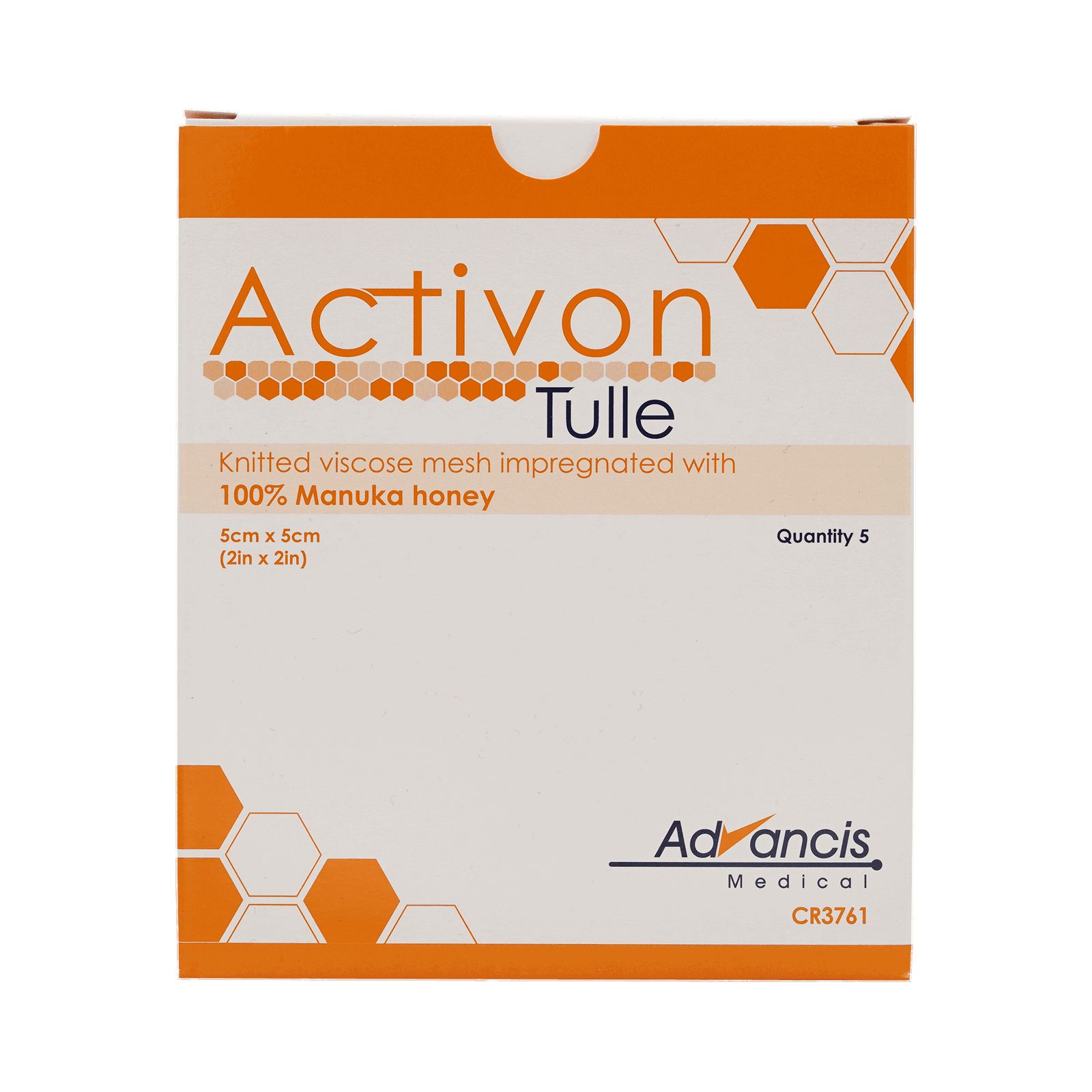 Verpackung von Activon Tulle. Enthält 5 Stück. Größe: 5 x 5 cm. Aufschrift: 100% Manuka-Honig.