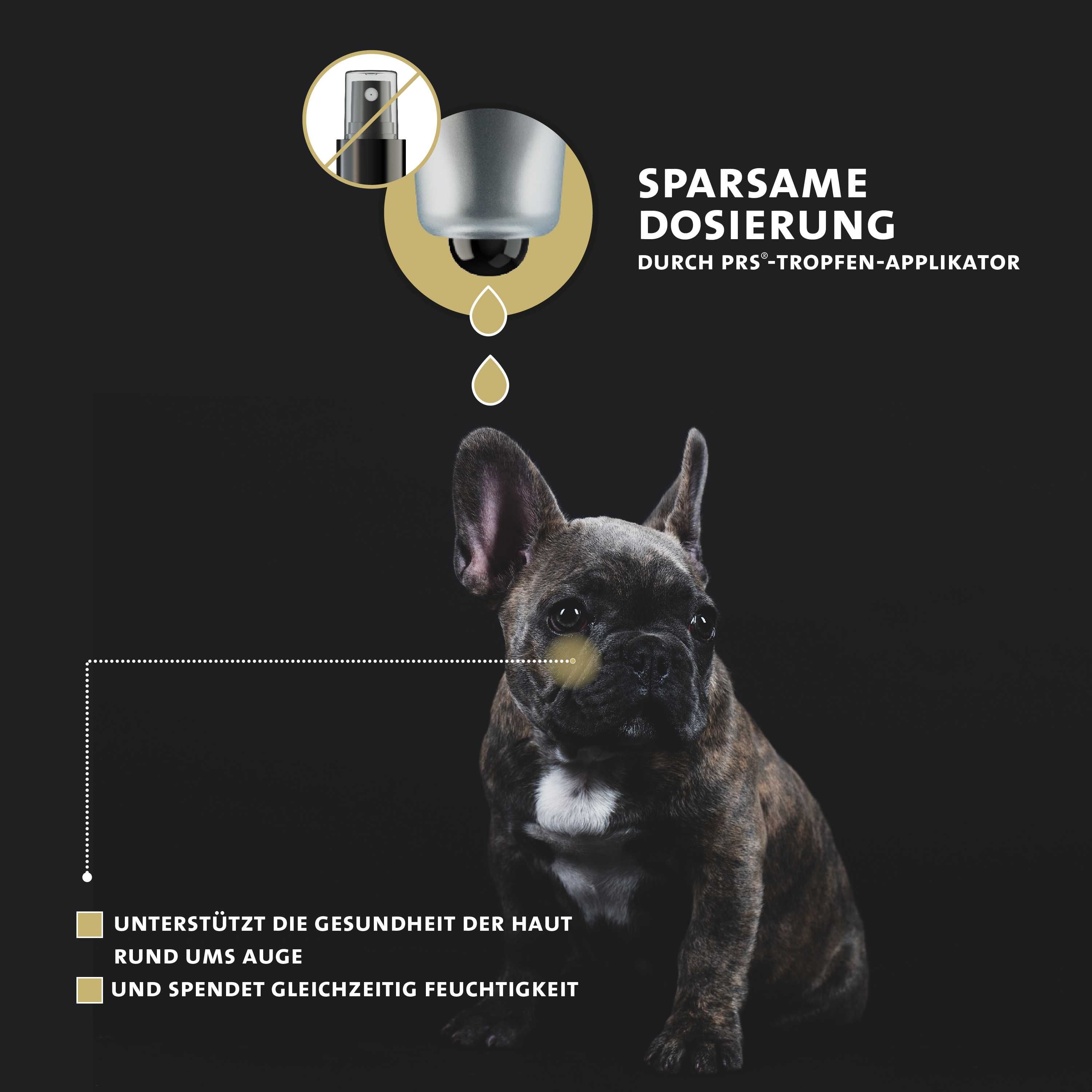 Französische Bulldogge mit gelbem Bereich um das Auge. Text: Sparsame Dosierung durch PRS-Tropfen-Applikator. Unterstützt die Gesundheit der Haut.