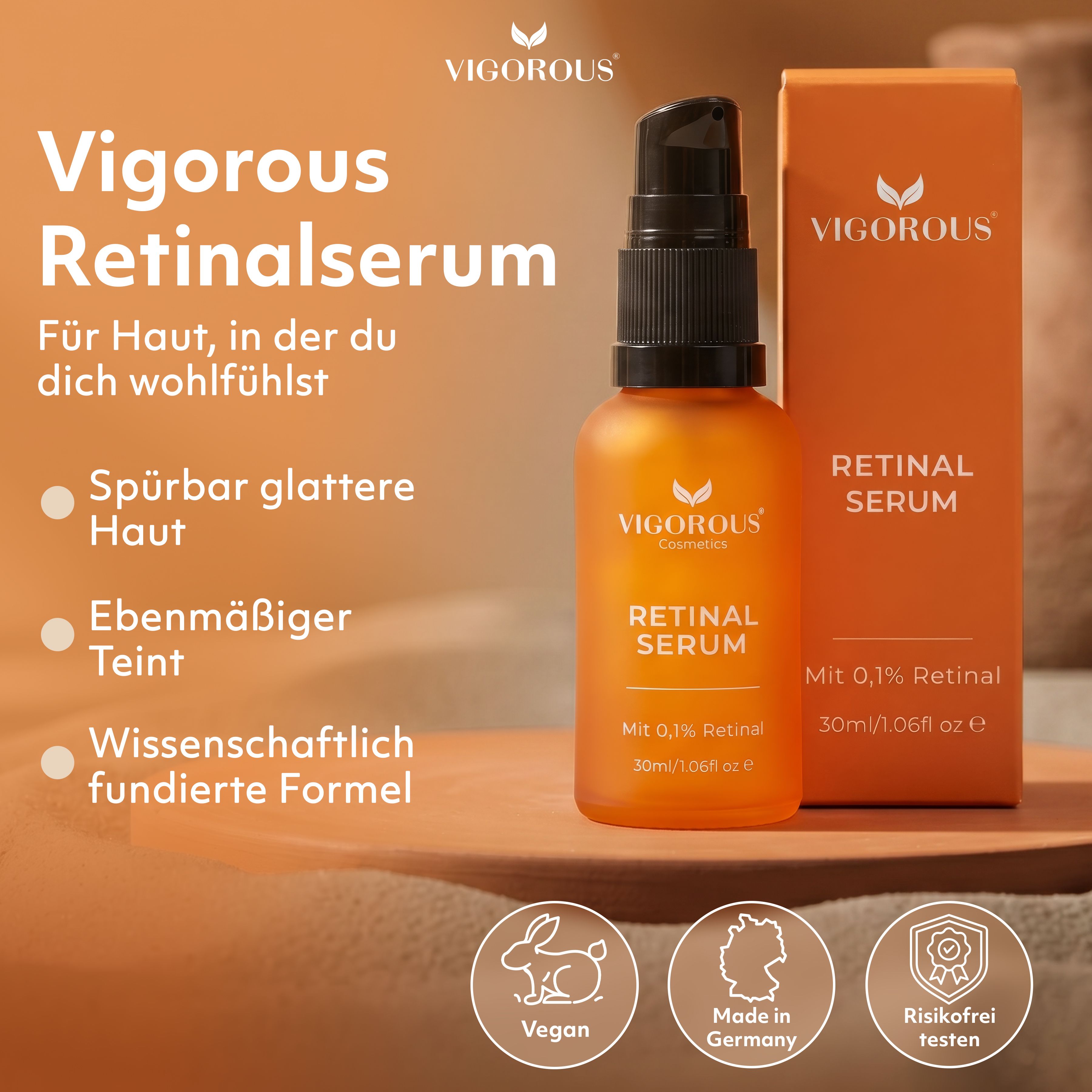 Vigorous Retinal Serum Flasche und Karton. Siegel: Vegan, Made in Germany, Risikofrei getestet.