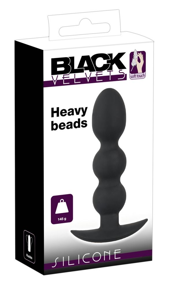 Verpackung eines schwarzen Analplugs mit drei Kugeln, "Heavy beads" und "Silicone".