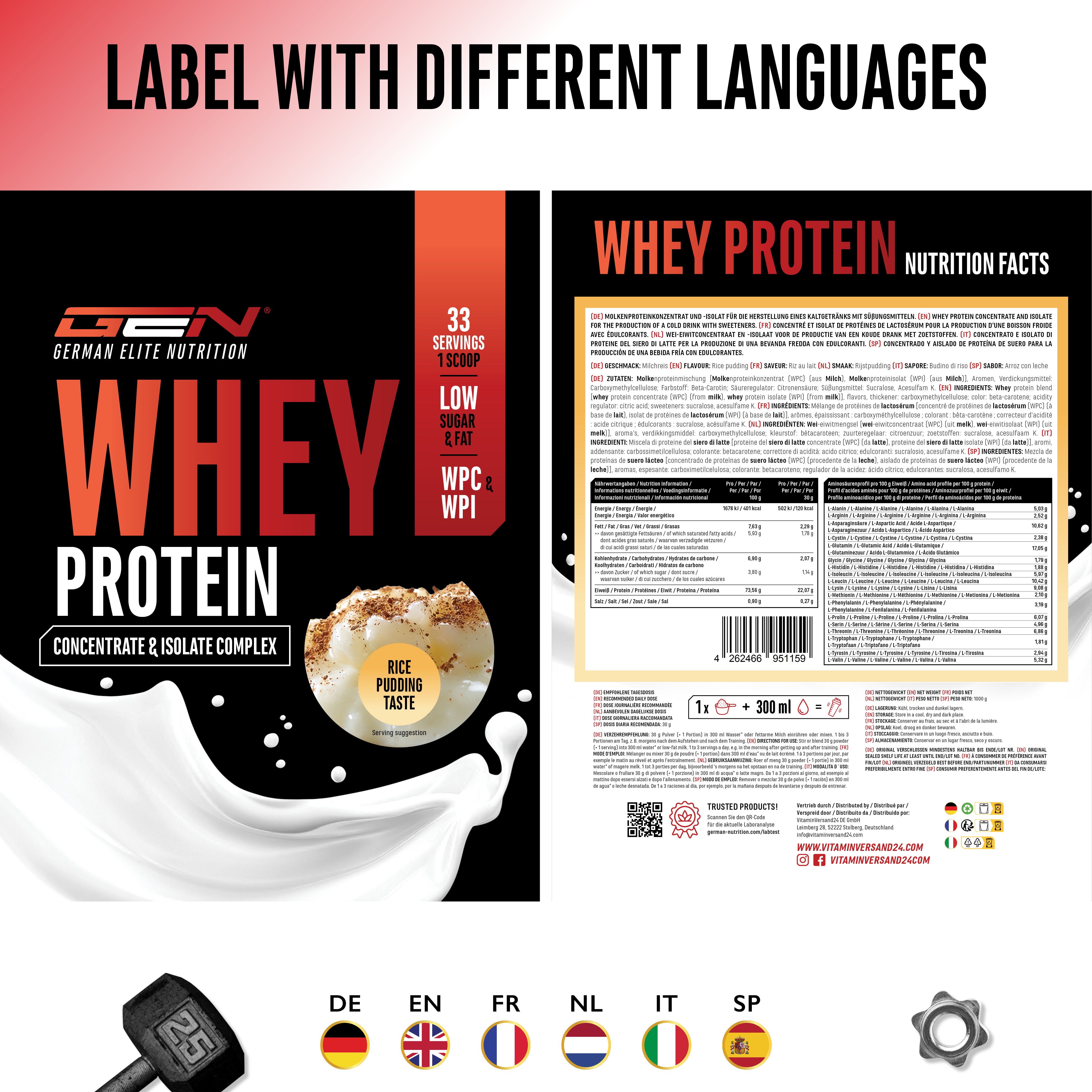 Produktverpackung mit verschiedenen Sprachversionen. Vorderseite: „WHEY PROTEIN“. Rückseite: Nährwertangaben.
