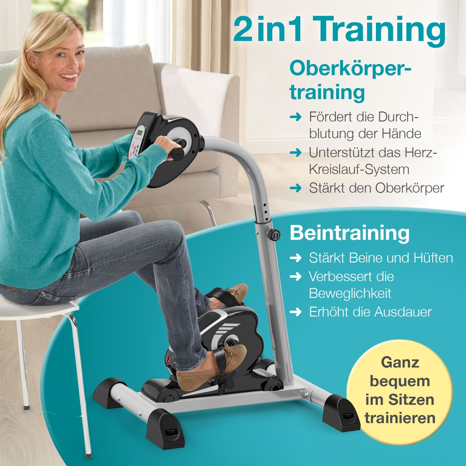 Frau trainiert mit Arm- und Beintrainer. Text: 2in1 Training, Oberkörper- und Beintraining.