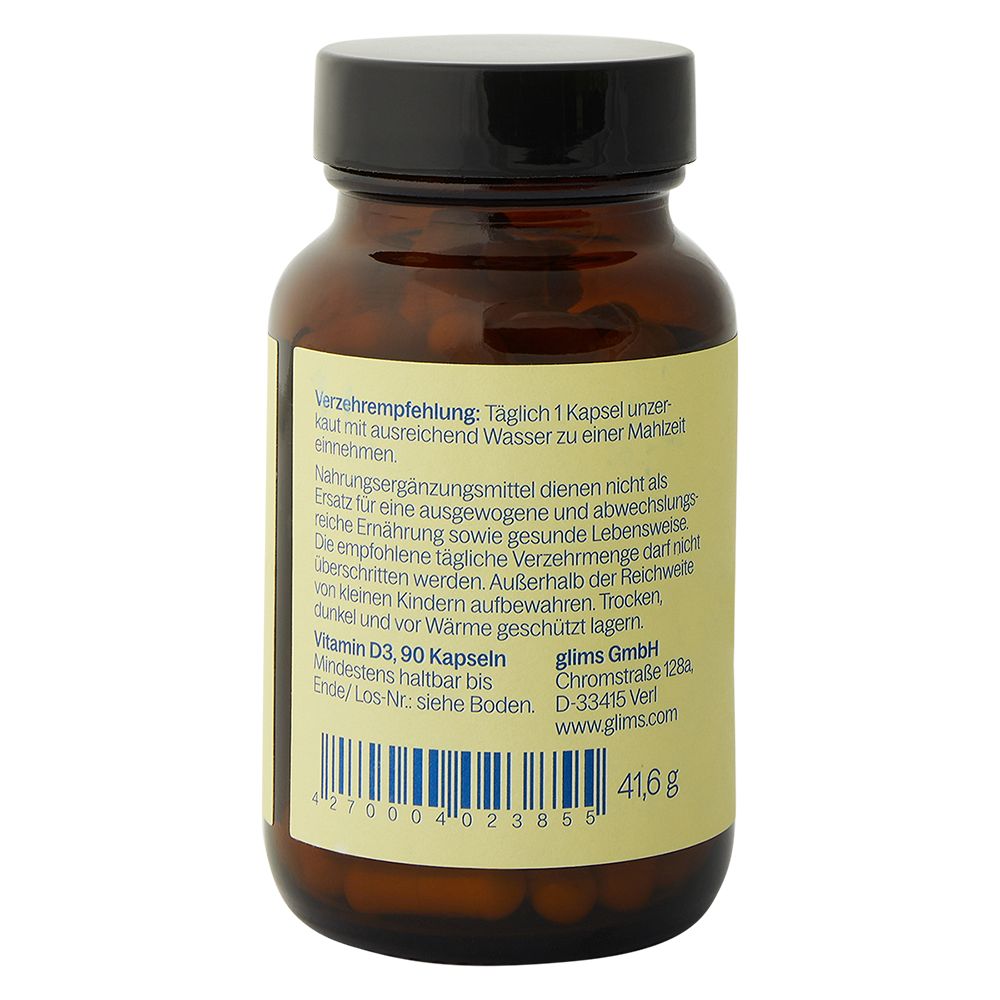 Braune Glasflasche mit schwarzem Deckel. Etikett mit Verzehrempfehlung, Haltbarkeit und Herstellerinformationen.