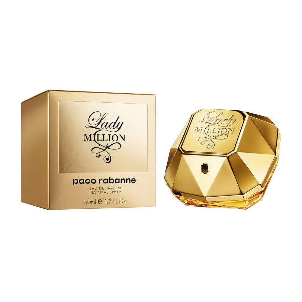 Goldfarbener Flakon und Karton. Aufschrift "Lady Million" und "paco rabanne". 50ml.
