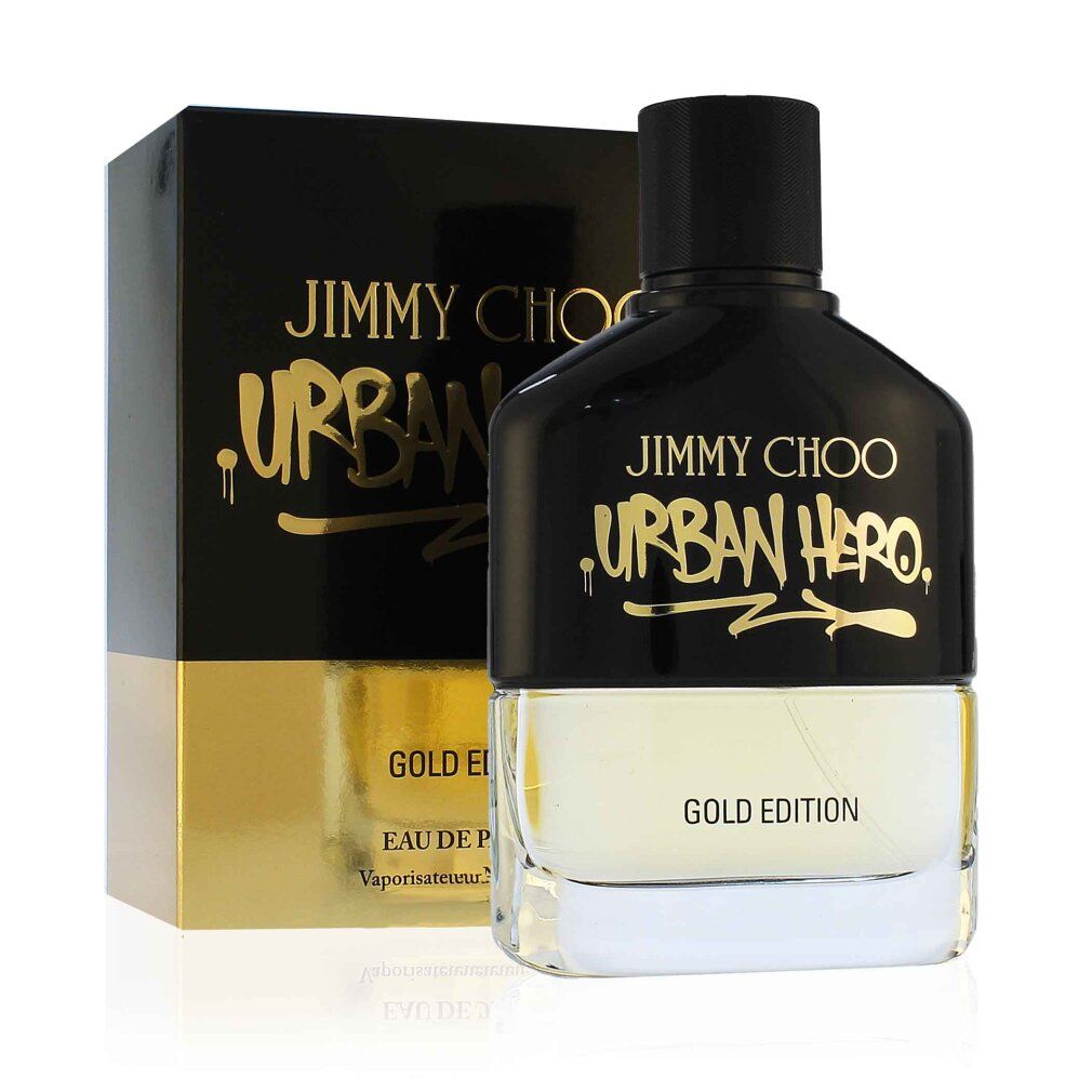 Schwarzer Flakon und Verpackung. Goldfarbener Aufdruck. Flakon transparent, Inhalt gelblich. Aufschrift: Jimmy Choo Urban Hero Gold Edition.