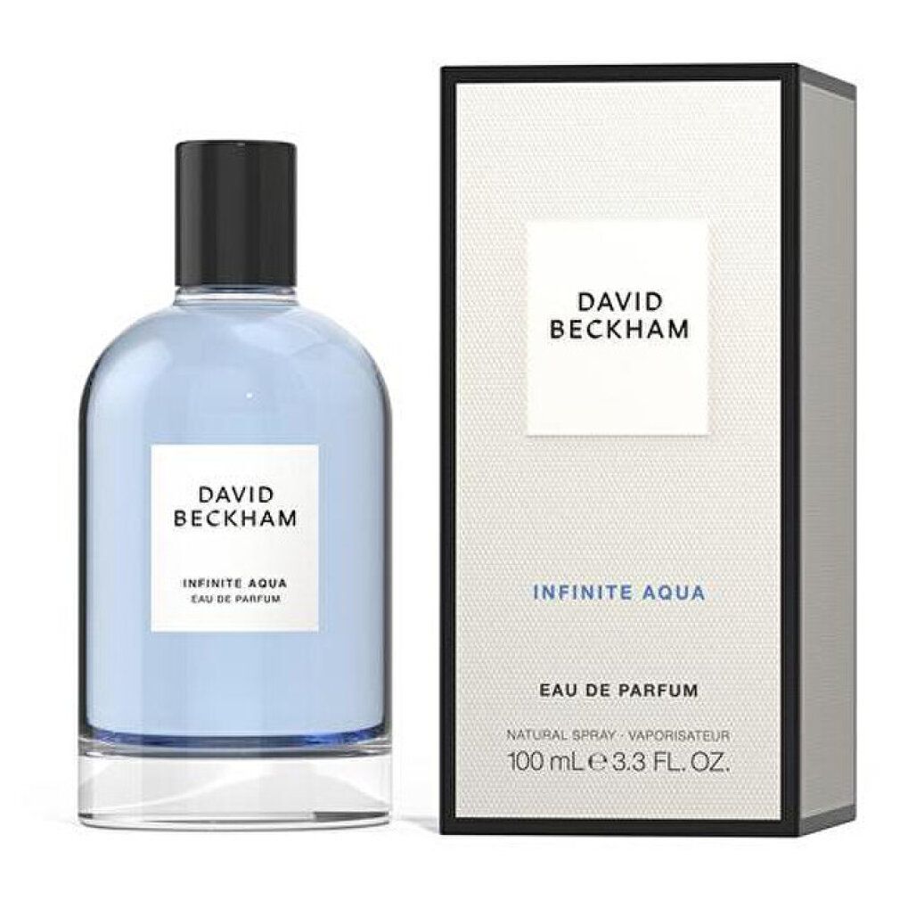 Glasflakon mit blauer Flüssigkeit und Verpackung. Schwarzer Verschluss. Weißes Etikett mit Text: DAVID BECKHAM, INFINITE AQUA, Eau de Parfum.