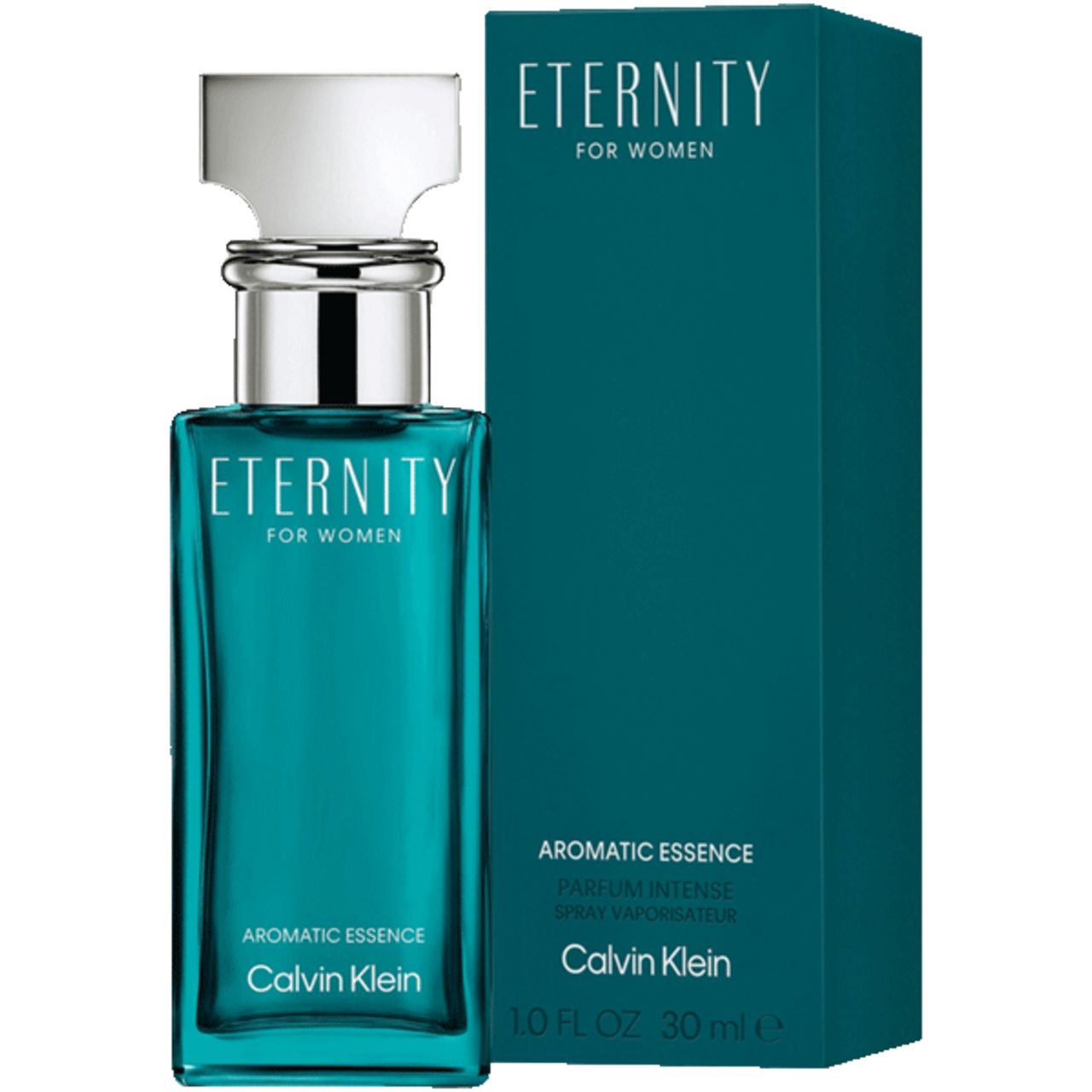 Türkisgrüner Flakon und Schachtel. Schriftzug: Eternity for Women, Aromatic Essence, Calvin Klein. Auf der Schachtel: Spray Vaporisateur.