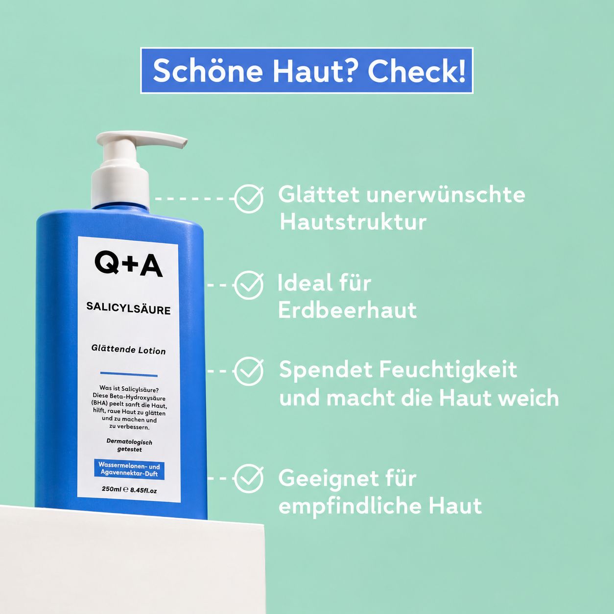 Eine Q+A Salicylsäure glättende Lotion Flasche mit Checklisten-Symbolen.
