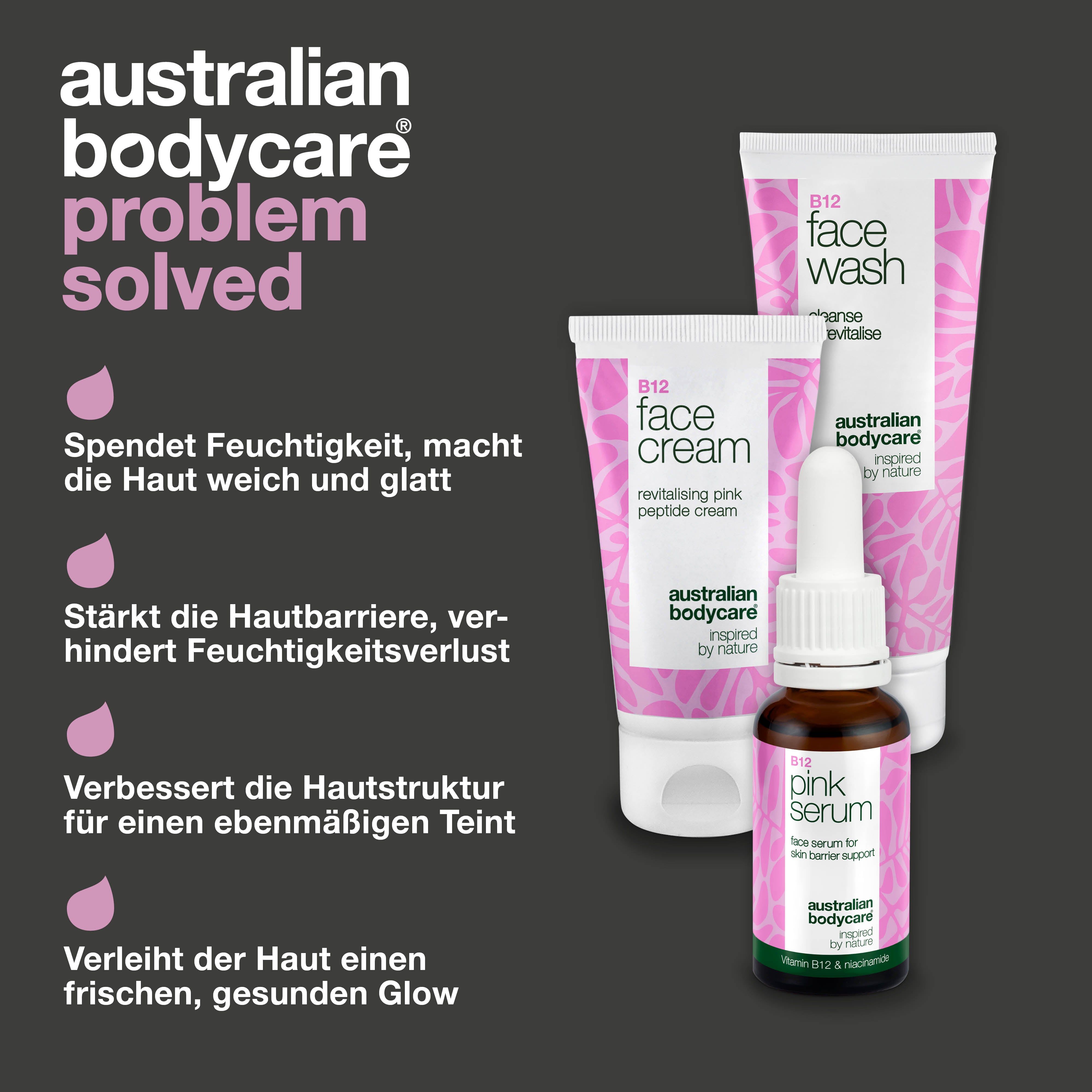 Gesicht mit Hautproblemen neben drei Produkten: Face Wash, Face Cream, Pink Serum. Text: Peau sèche, ton irrégulier.