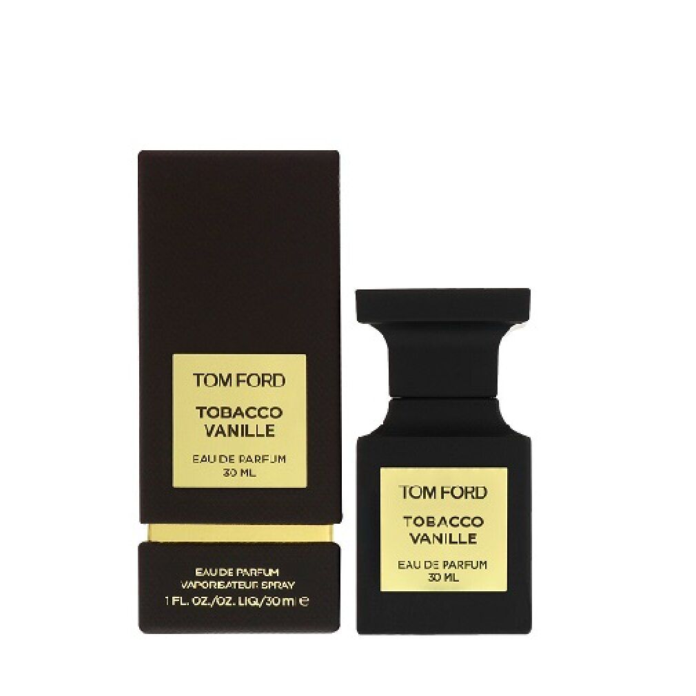 Dunkelbraune Schachtel und Flakon. Aufschrift: TOM FORD, Tobacco Vanille, Eau de Parfum, 30 ml. Flakon mit schwarzem Verschluss.