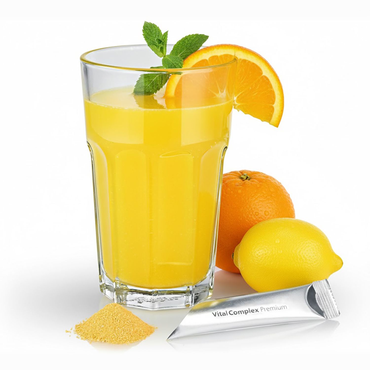 Glas Orangensaft mit Orangenscheibe, Zitrone, Orange, Minze und Pulver. Beutel mit Produktaufschrift.