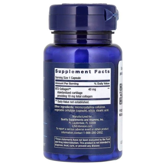 Rückseite eines blauen Behälters mit Life Extension NT2 Collagen. Enthält Supplement-Fakten und Inhaltsstoffe.