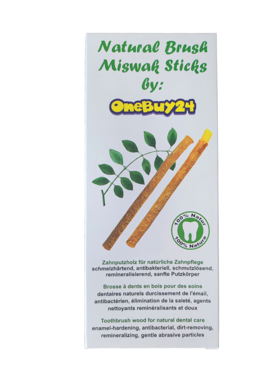 Vorderseite der Verpackung mit Miswak-Sticks. Aufschrift: Natural Brush Miswak Sticks by OneBuy24. Logo: 100% Natur.