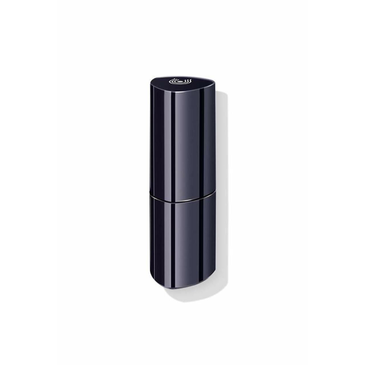 Schwarzer Lippenstift in zylindrischer Hülle. Oberseite mit Logo. Auf weißem Hintergrund.