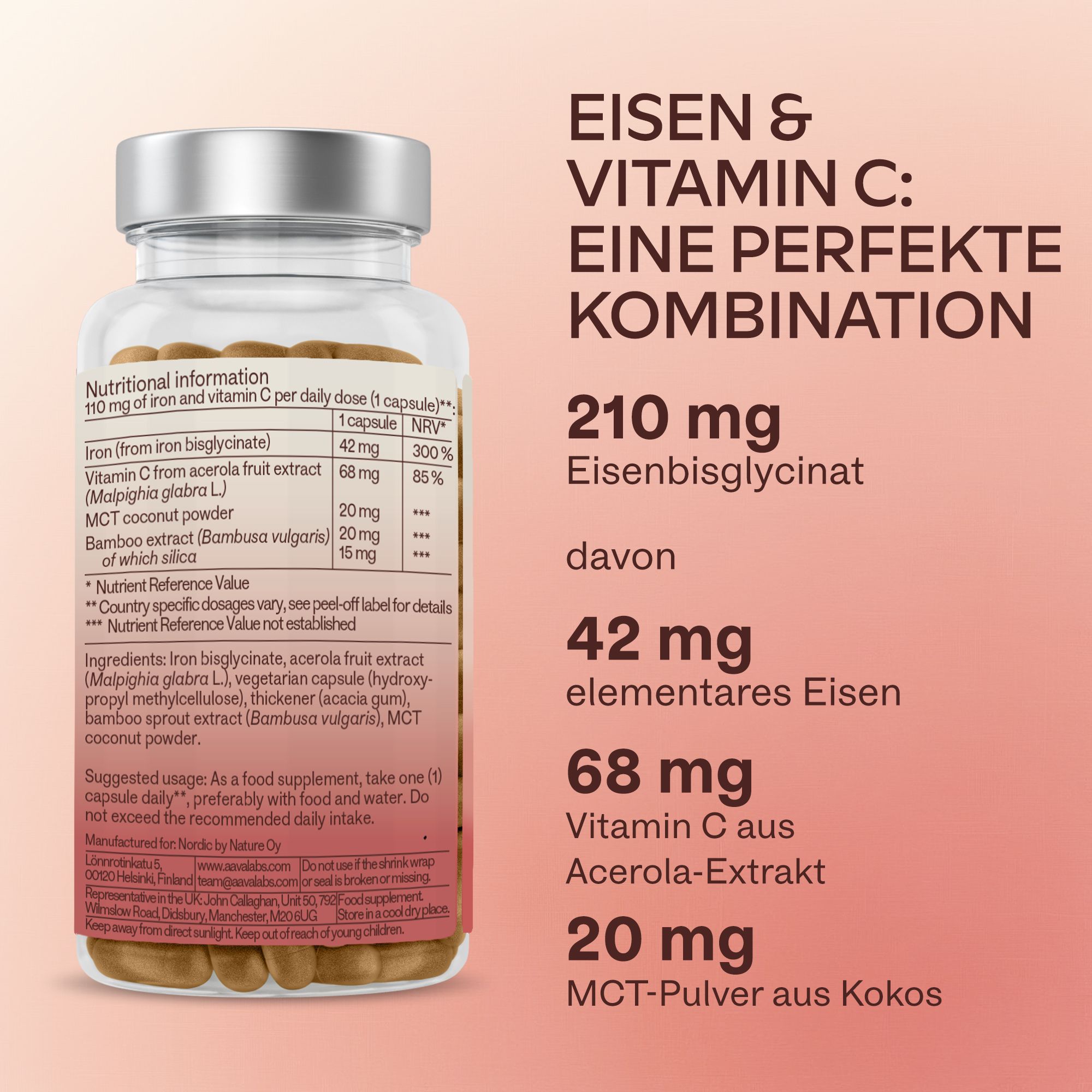 Flasche Aavalabs Eisenbisglycinat mit Nährwertangaben und Text.