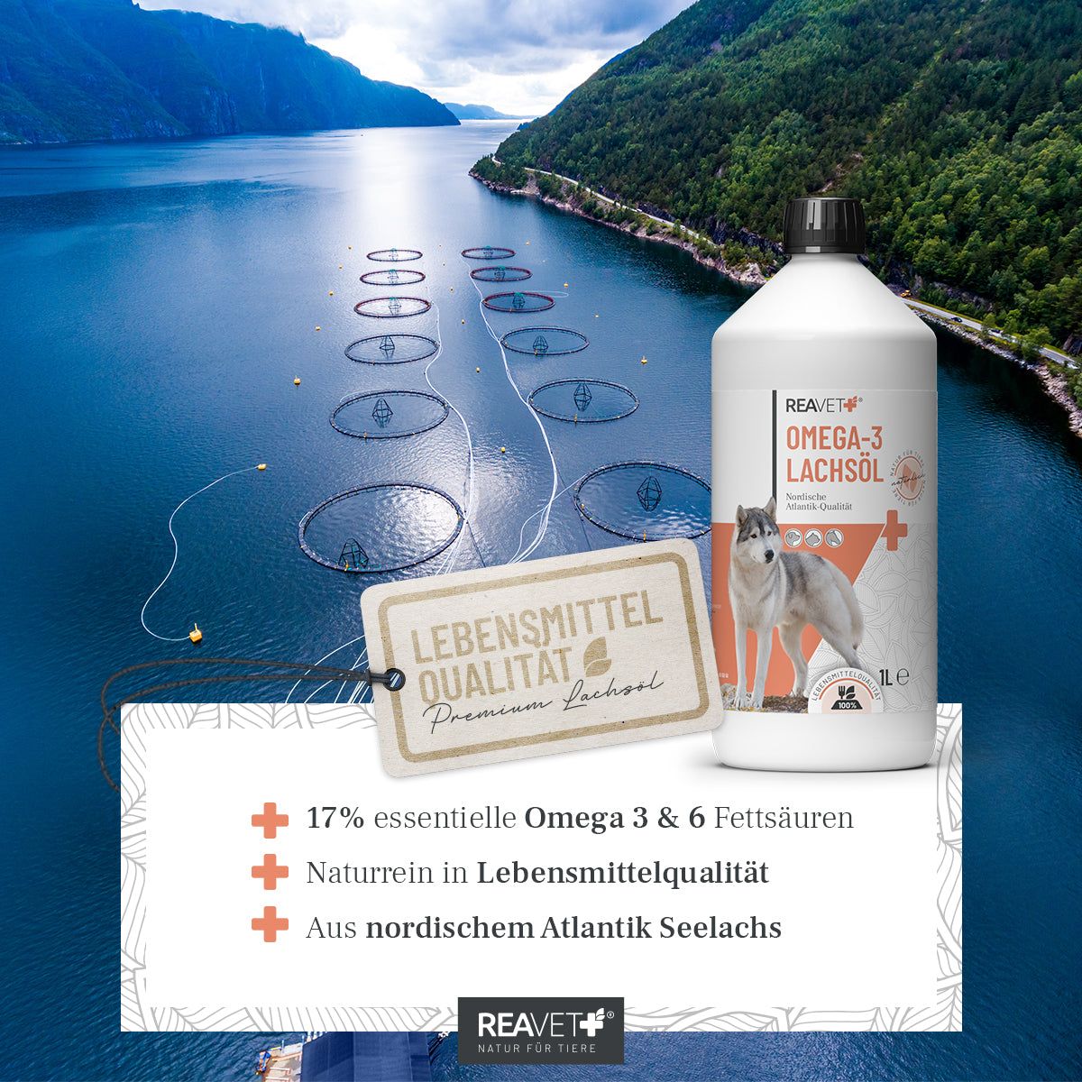 Landschaft mit Fischzucht. ReaVET Omega-3 Lachsöl Flasche. Text: 17% essentielle Omega 3 & 6 Fettsäuren. Aus nordischem Atlantik Seelachs.