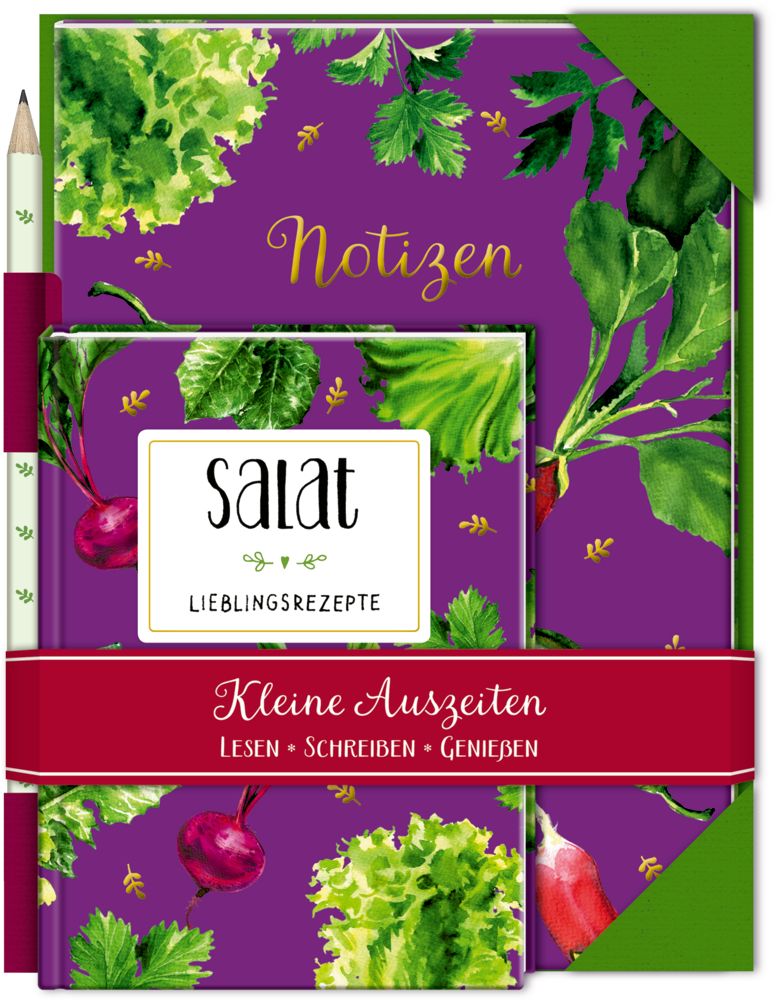 Notizbuch-Set mit Salat-Motiv. Lila Hintergrund mit Salat-Illustrationen. Goldener Schriftzug "Notizen". Rotes Band mit "Kleine Auszeiten".