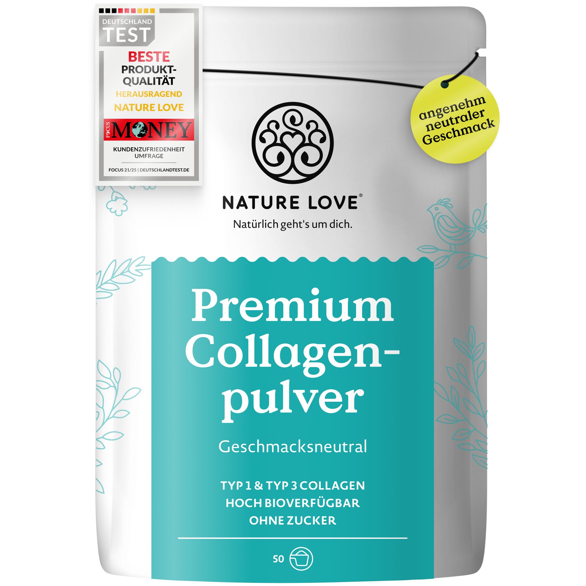 Tüte NATURE LOVE Premium Kollagenpulver, Geschmack neutral, Typ 1 & 3, BIO, ohne Zucker.