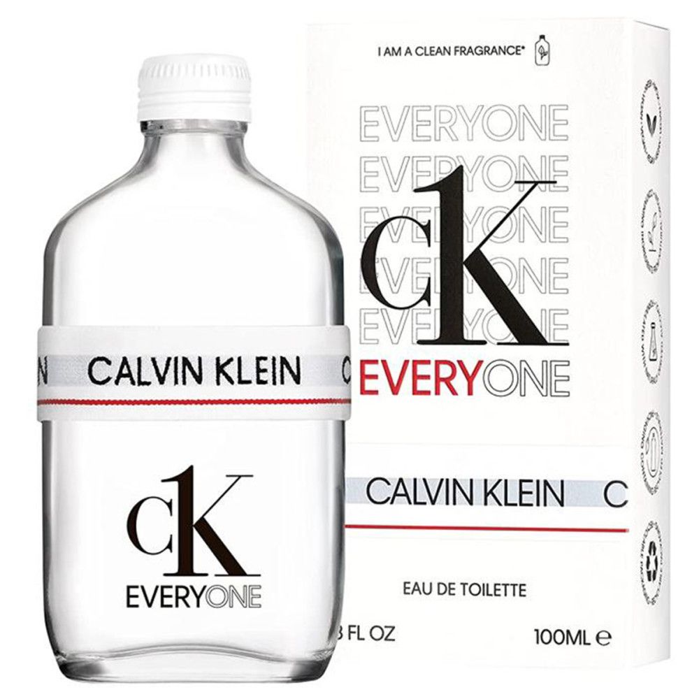 Eine transparente Flasche mit weißem Verschluss und weißem Etikett mit rotem Streifen. Auf dem Etikett steht "CALVIN KLEIN".