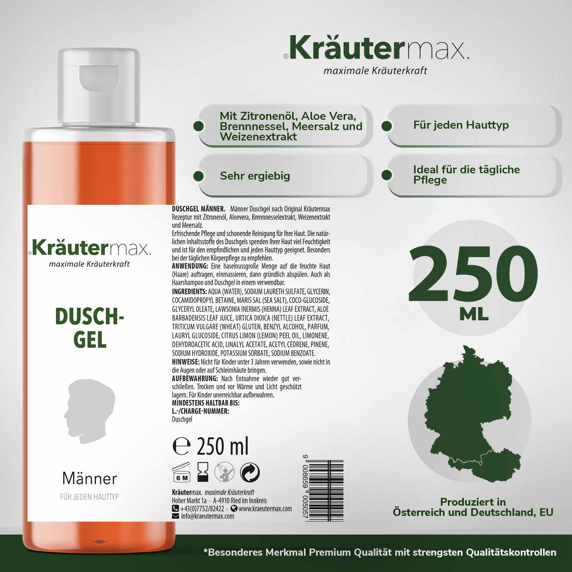 Duschgel-Flasche, orange Flüssigkeit, weißes Etikett mit Produktinformationen. 250 ml. Kräutermax Logo. Enthält Zitronenöl, Aloe Vera.