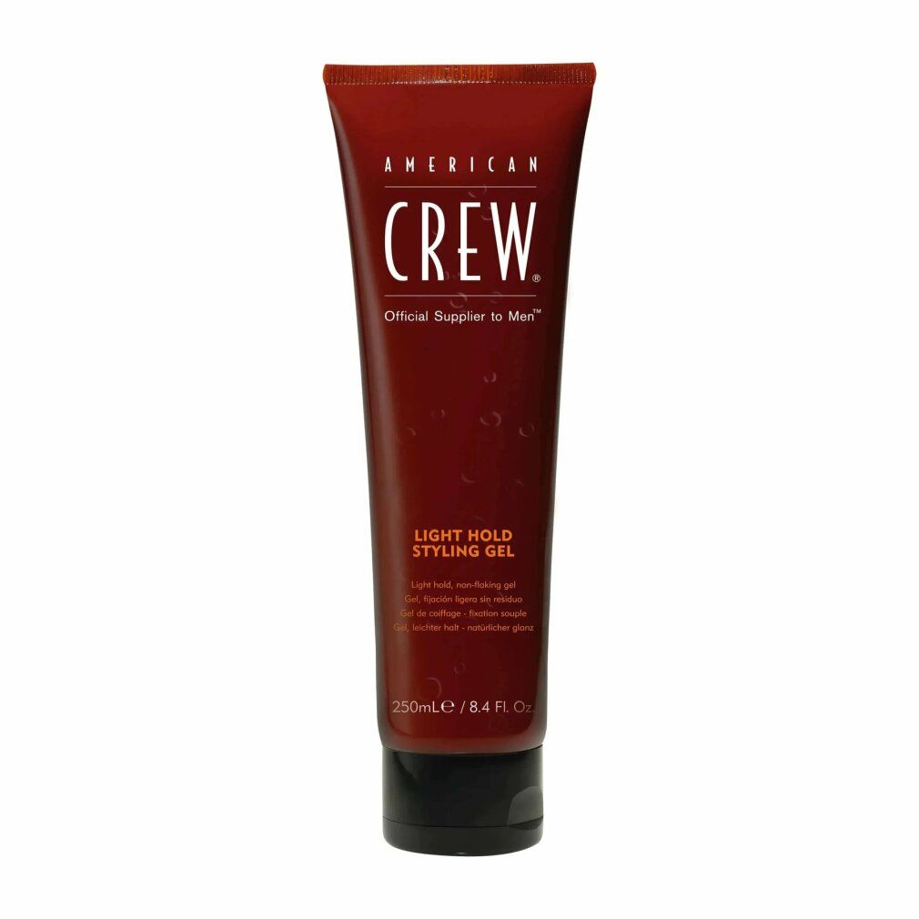 Braune Tube mit schwarzem Deckel. Aufschrift: AMERICAN CREW, LIGHT HOLD STYLING GEL. Volumen: 250ml/8.4 FL. OZ.