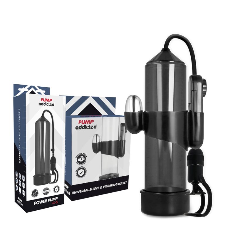 Schwarze Penispumpe mit Zylinder, Schlauch und Griff. Verpackung mit Produktname und Illustration.