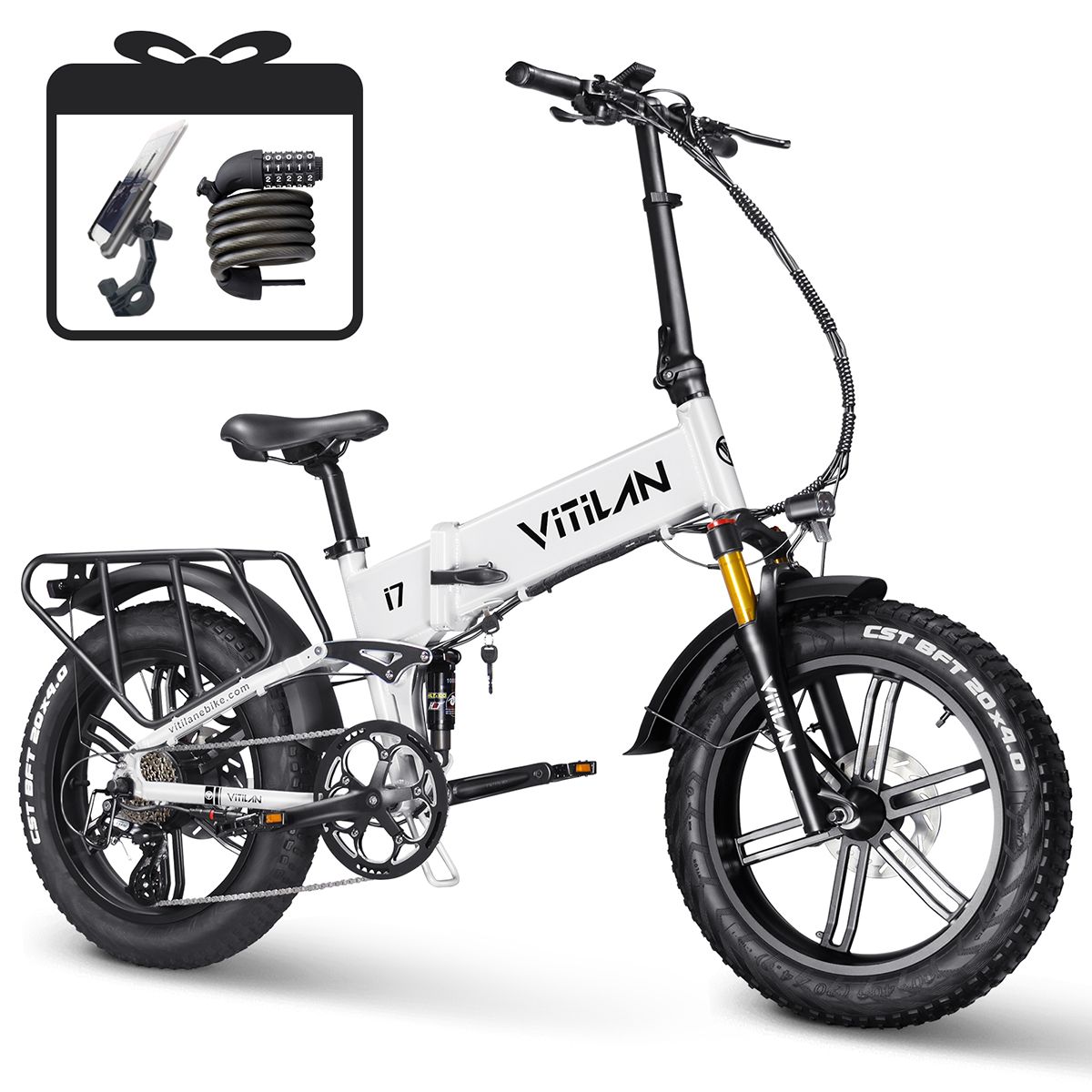 Faltbares E-Bike VITILAN i7 Pro 3.0, weiß. Zubehör: Schloss, Halterung. Gepäckträger. Schwarze Reifen. VITILAN-Logo.