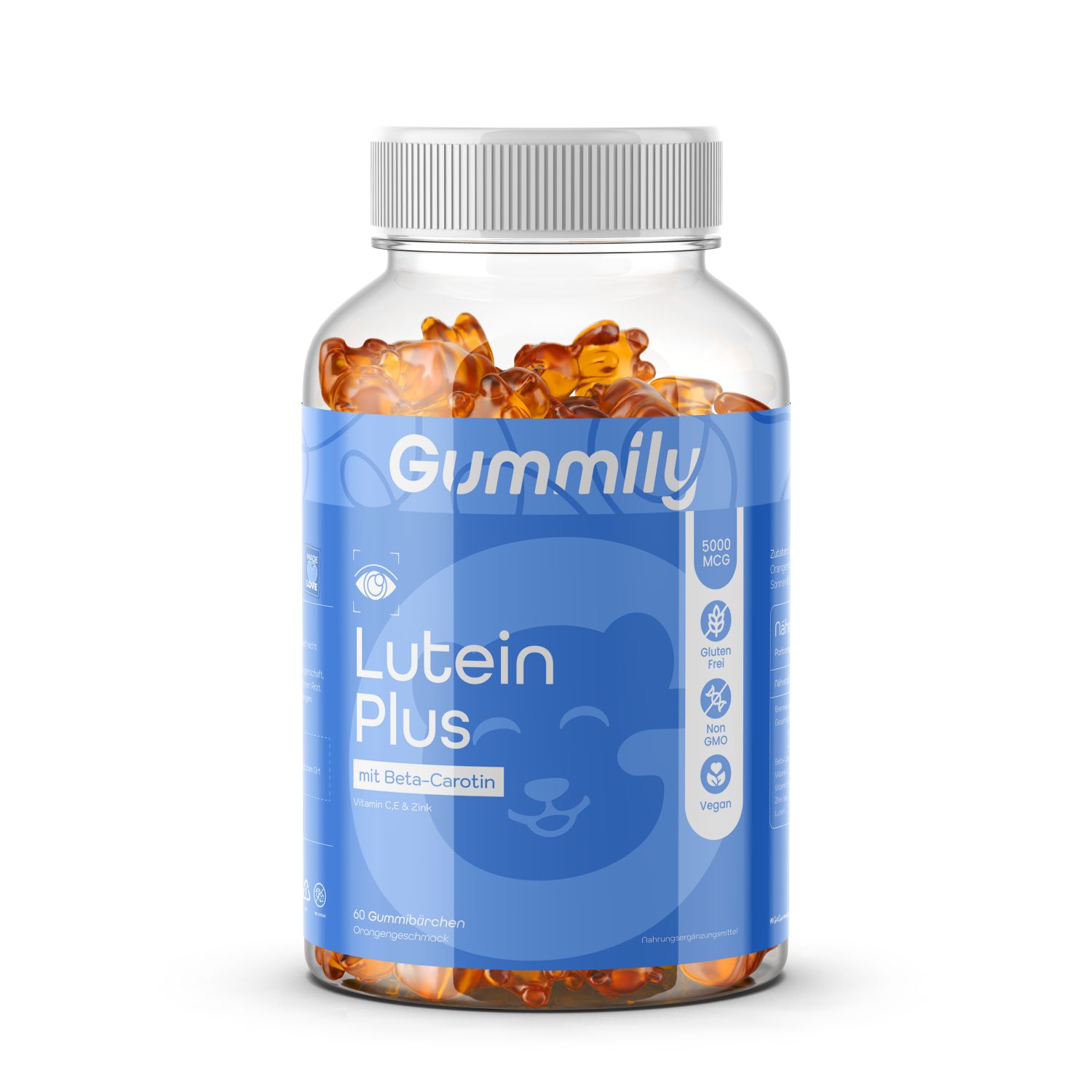 Klare Glasflasche mit Gummibärchen. Blaues Etikett mit "Gummily", "Lutein Plus" und Inhaltsangaben. Deckel weiß.