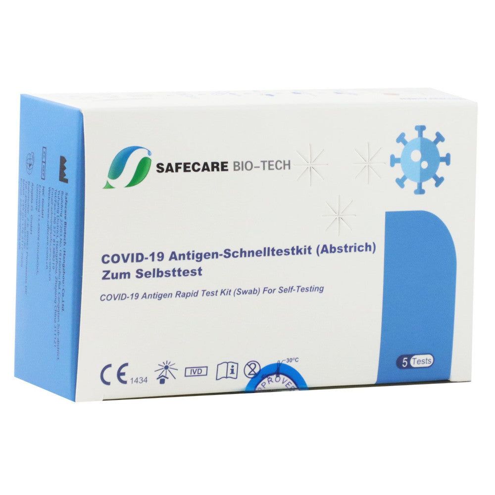 Verpackung von Safecare Bio-Tech COVID-19 Antigen-Schnelltestkit. Enthält 5 Tests. Mit CE-Kennzeichnung.