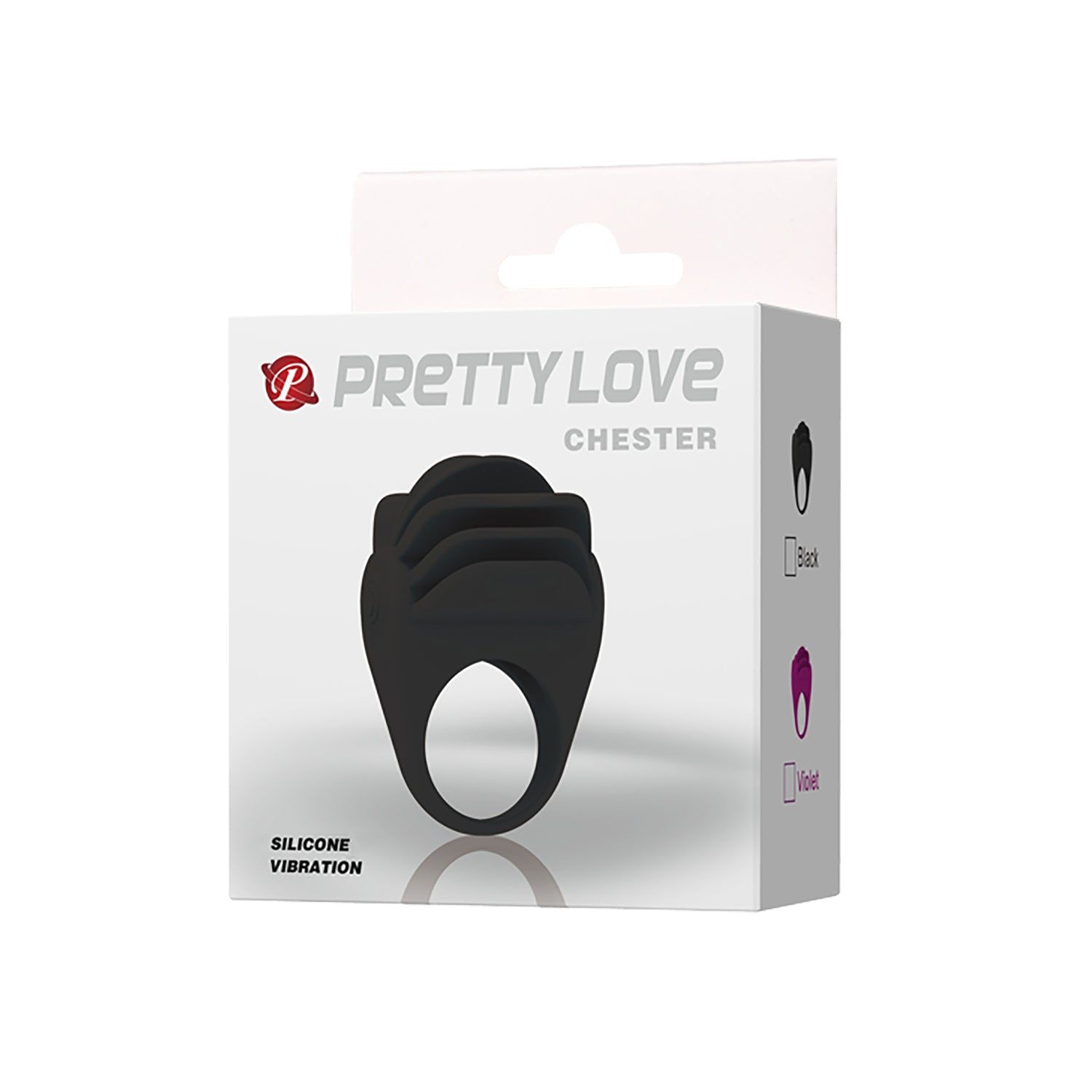 Verpackung für einen Penisring mit Vibrator. Aufschrift: PRETTY LOVE CHESTER. Farben: Schwarz, Violett.