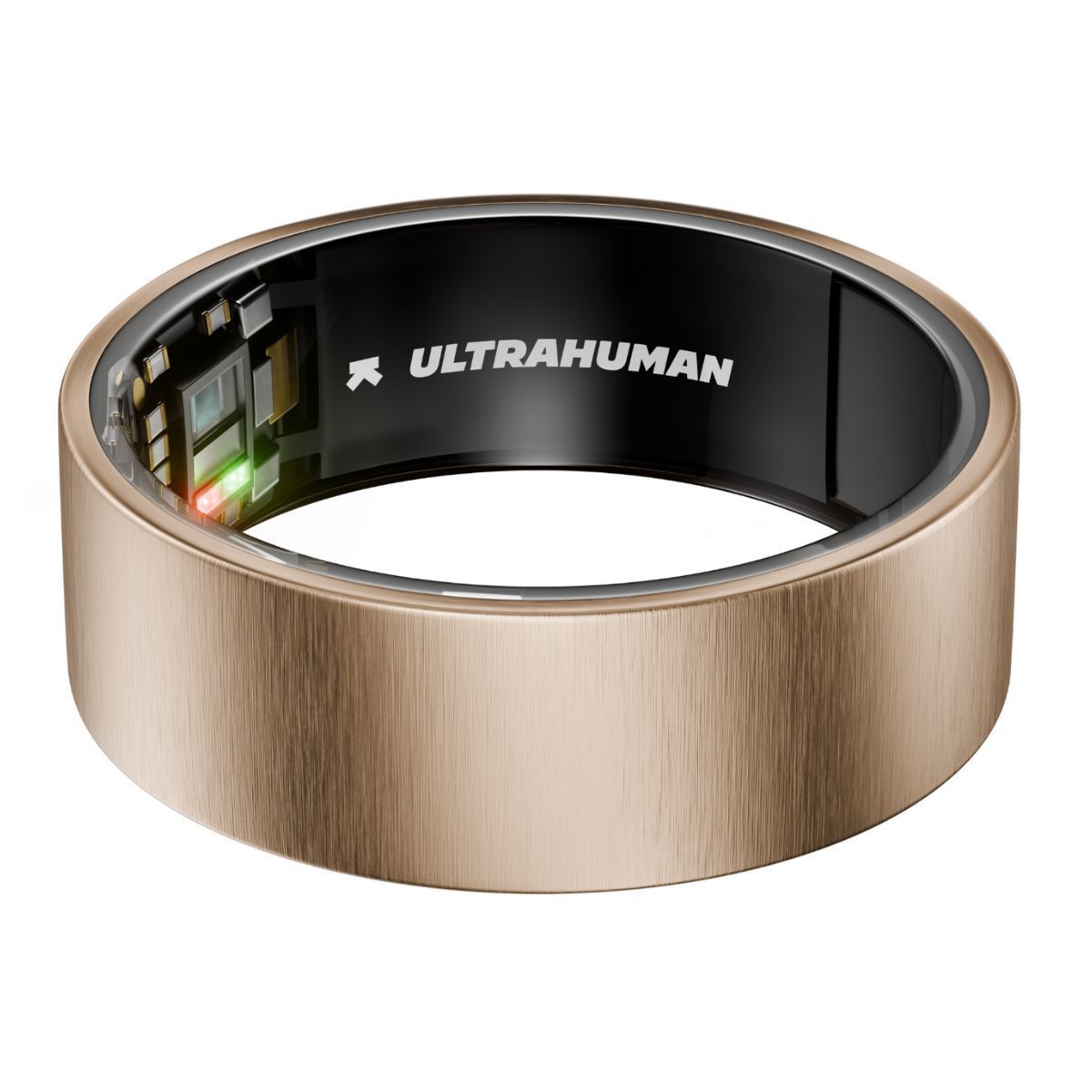 Goldfarbener Ring. Innenliegend: Elektronik, Schriftzug ULTRAHUMAN. Rote und grüne Leuchtelemente.