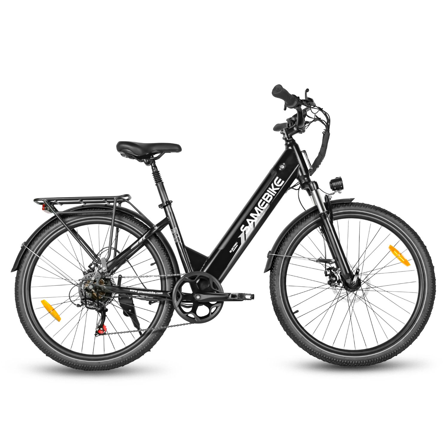 Schwarzes E-Bike SAMEBIKE RS-A01 Pro-T. Gepäckträger, Schutzbleche, Scheinwerfer und Rücklicht.