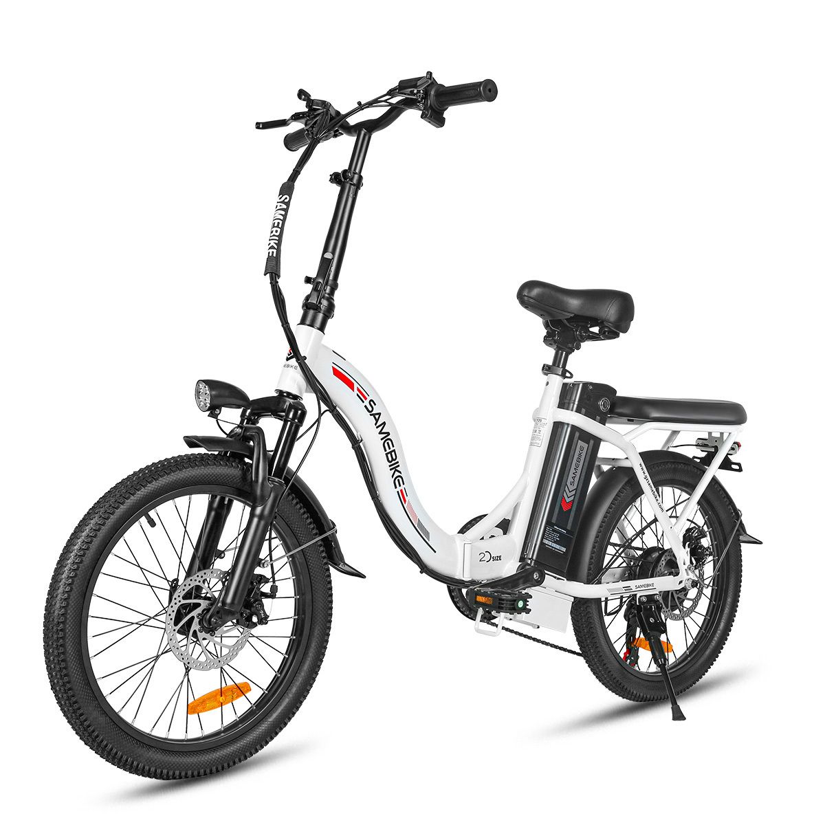 Faltbares E-Bike, weiß und schwarz, mit Scheinwerfer. Marke SAMEBIKE.
