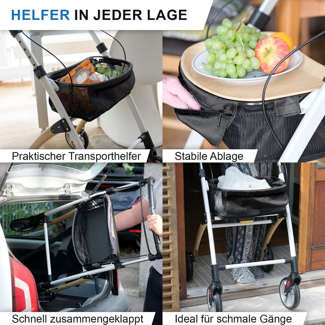 Rollator mit Sitz, Holz- und Metallkonstruktion. Vier Räder, schwarze Griffe, Korb. Verschiedene Anwendungsszenarien.
