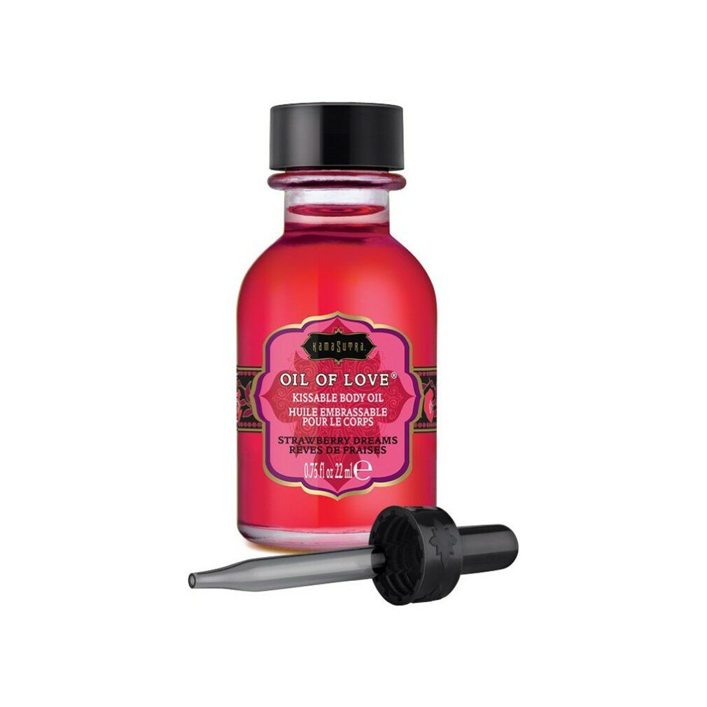 Rotes Öl in Glasflasche mit schwarzem Verschluss und Pipette. Aufschrift: OIL OF LOVE. Produktname: Strawberry Dreams.