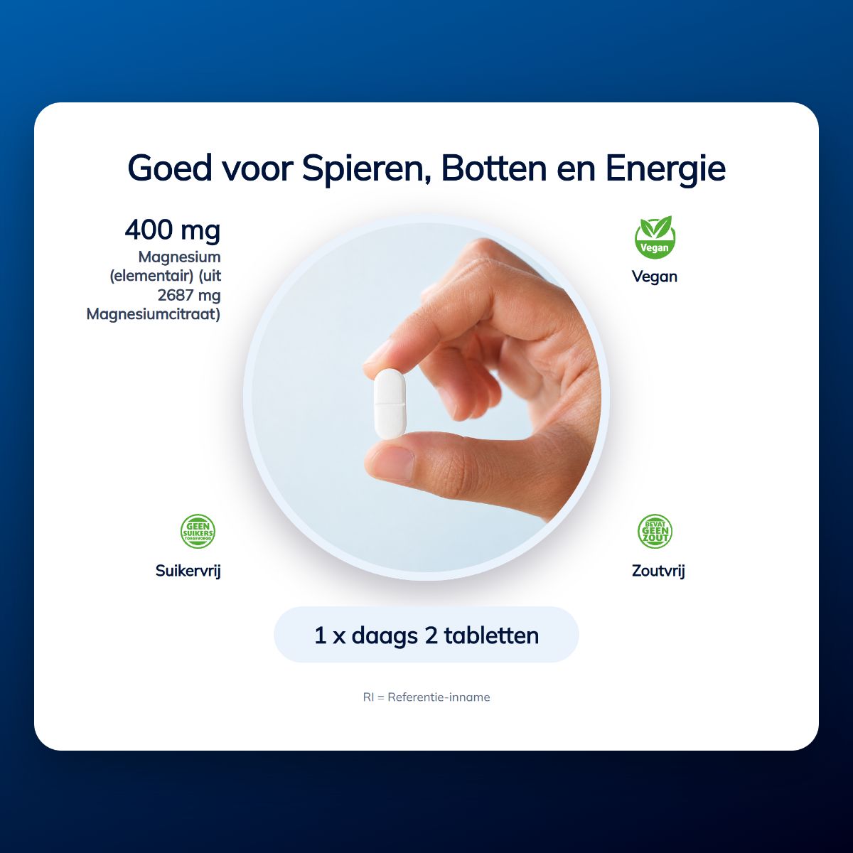 Eine Hand hält eine Tablette, mit Informationen über Vorteile und Siegel für vegan, zuckerfrei und salzfrei.